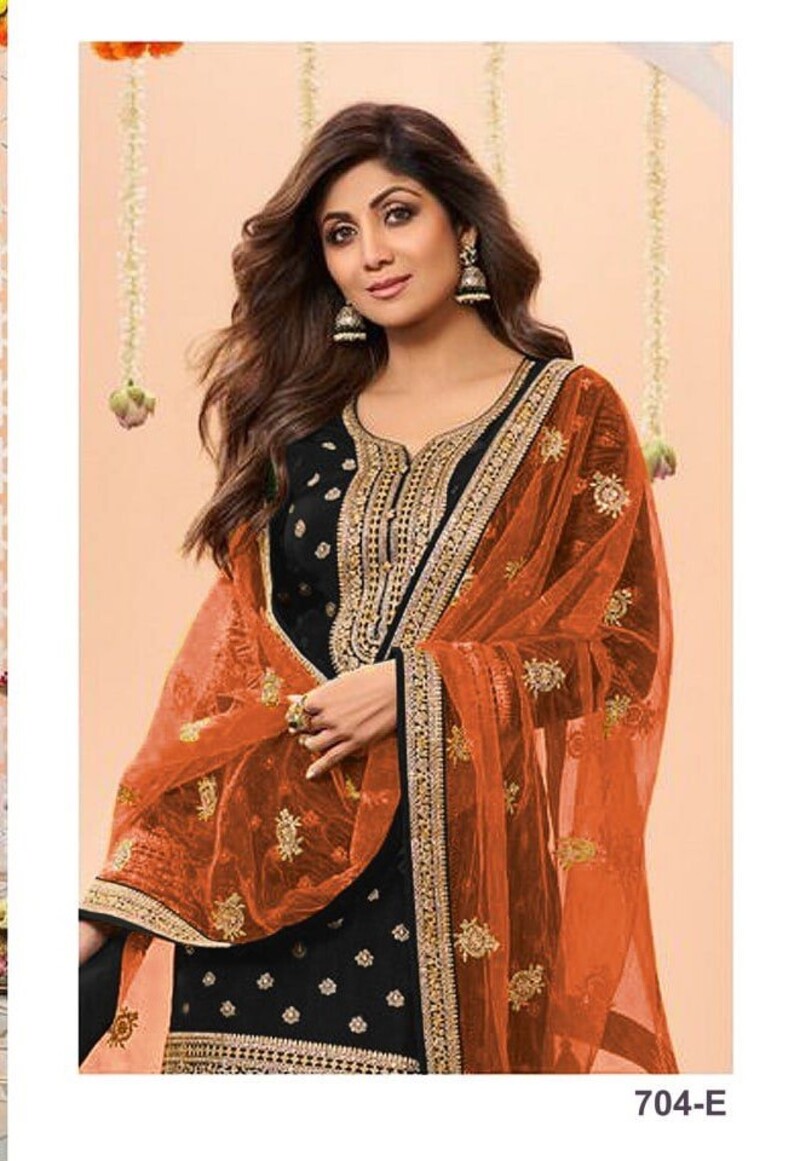 Black Plus Size Jacquard Silk Full Stitched Patiala Suits 704E - Image 2