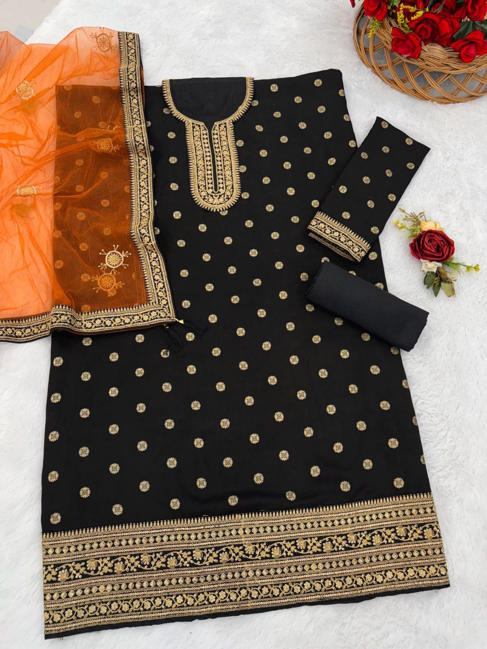 Black Plus Size Jacquard Silk Full Stitched Patiala Suits 704E - Image 3