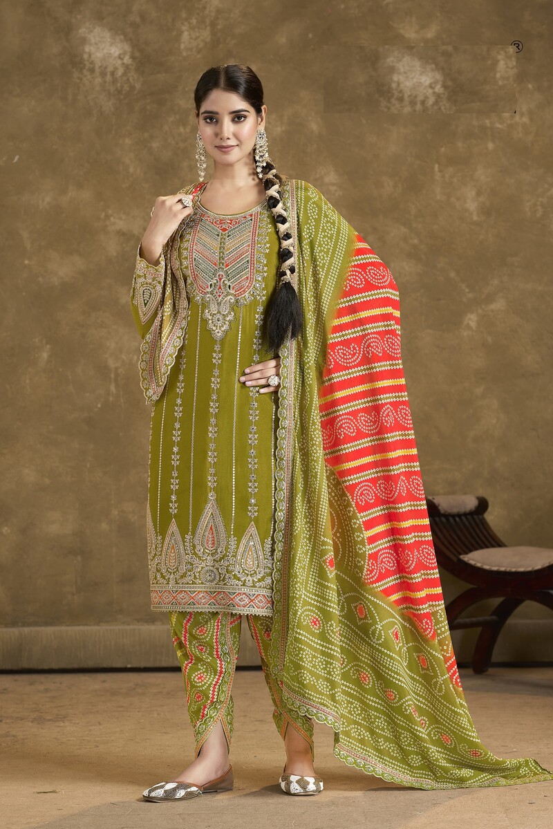 Traditional Bandhani Orange Heavy Embroidery Ceremonial Full Stitched Dhoti Suits 2131