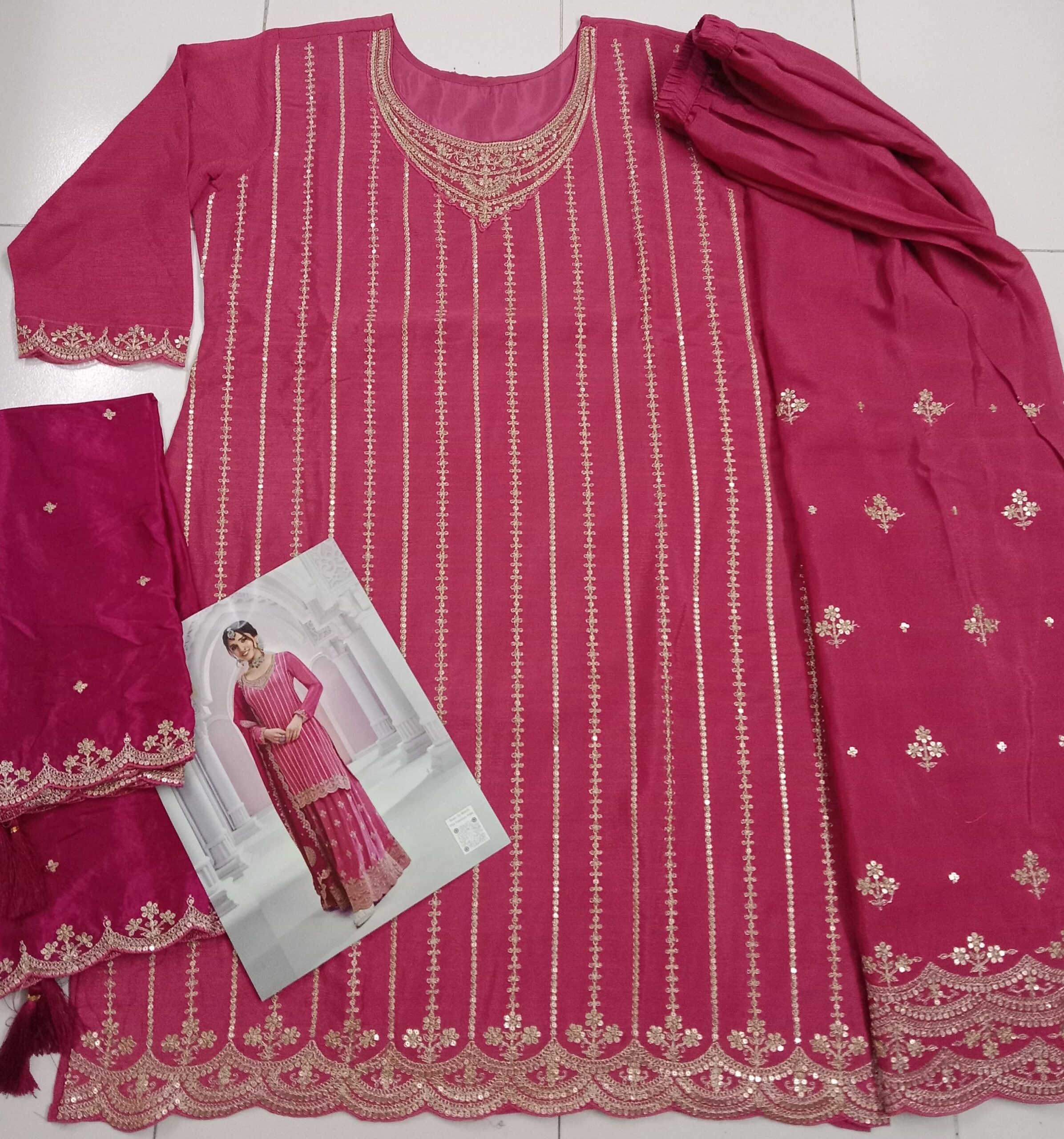 Heavy Chinon Silk Wedding Full Stitched Sharara Suits 69541 - Image 2