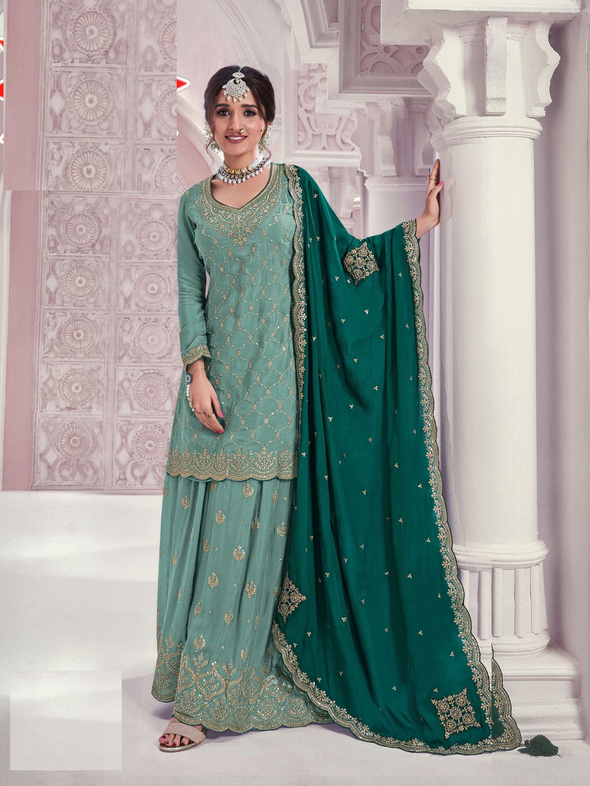 Heavy Chinon Silk Wedding Full Stitched Sharara Suits 69541 - Image 3