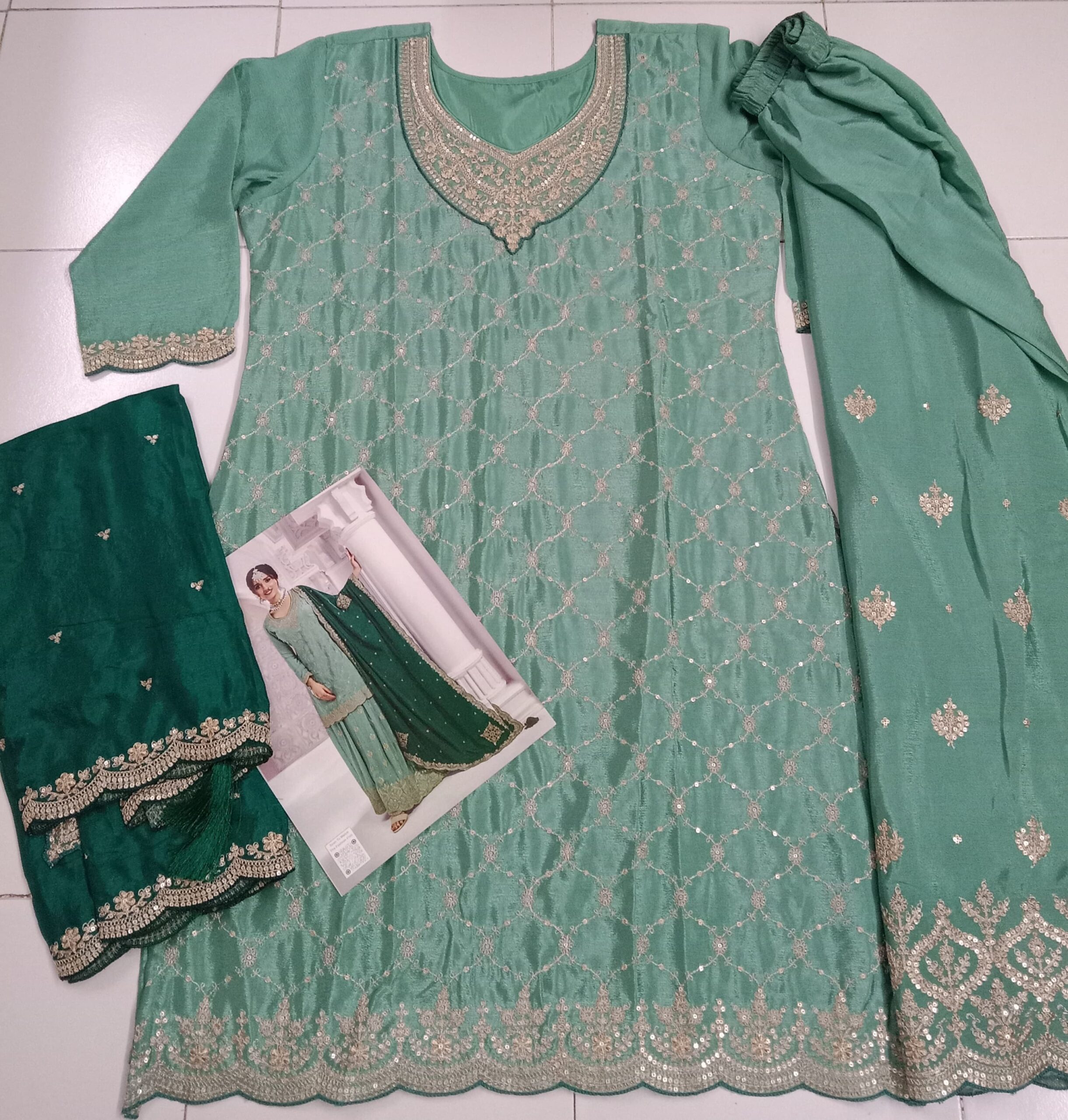 Heavy Chinon Silk Wedding Full Stitched Sharara Suits 69541 - Image 4