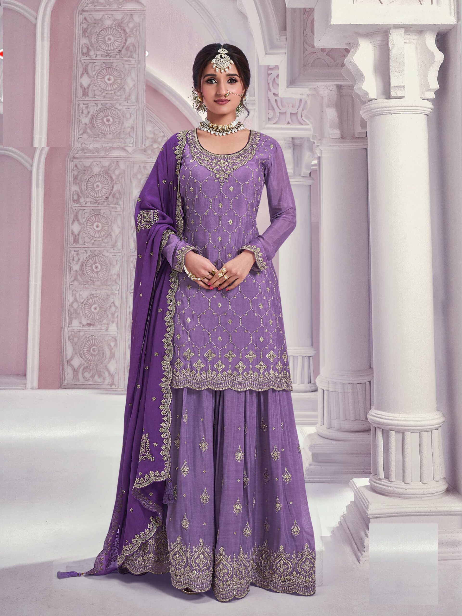 Heavy Chinon Silk Wedding Full Stitched Sharara Suits 69541 - Image 5