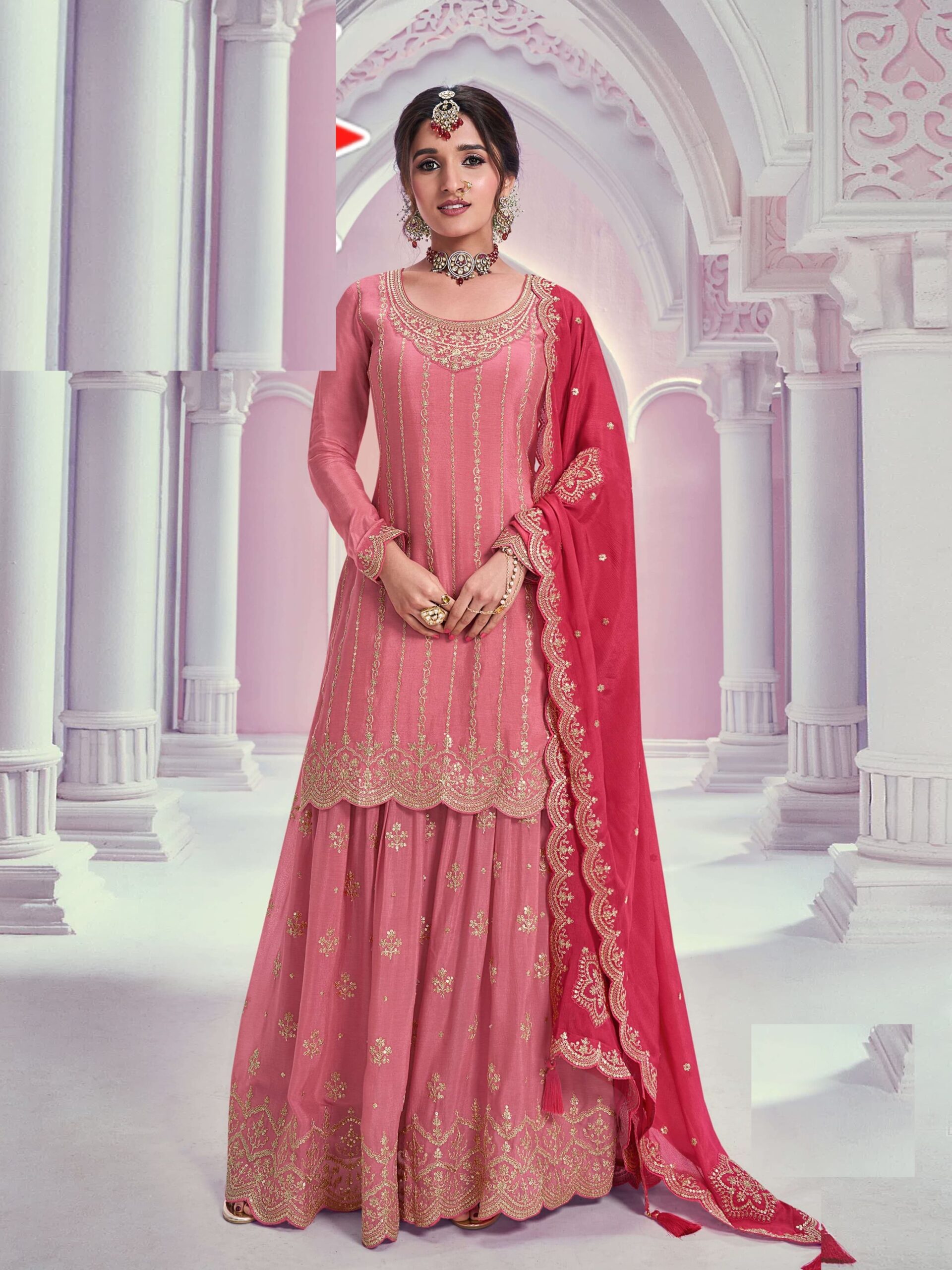 Heavy Chinon Silk Wedding Full Stitched Sharara Suits 69541 - Image 8