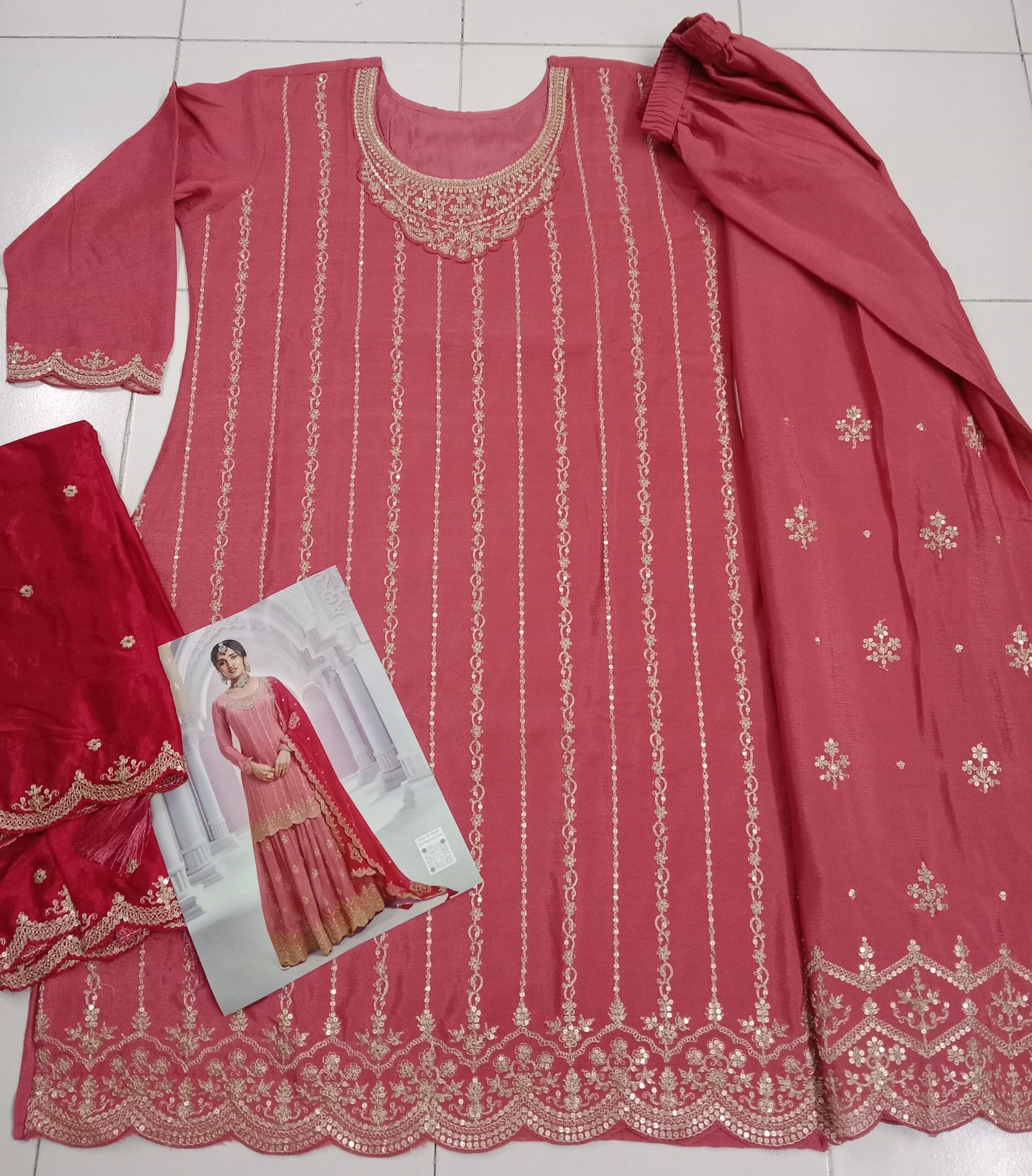 Heavy Chinon Silk Wedding Full Stitched Sharara Suits 69541 - Image 9