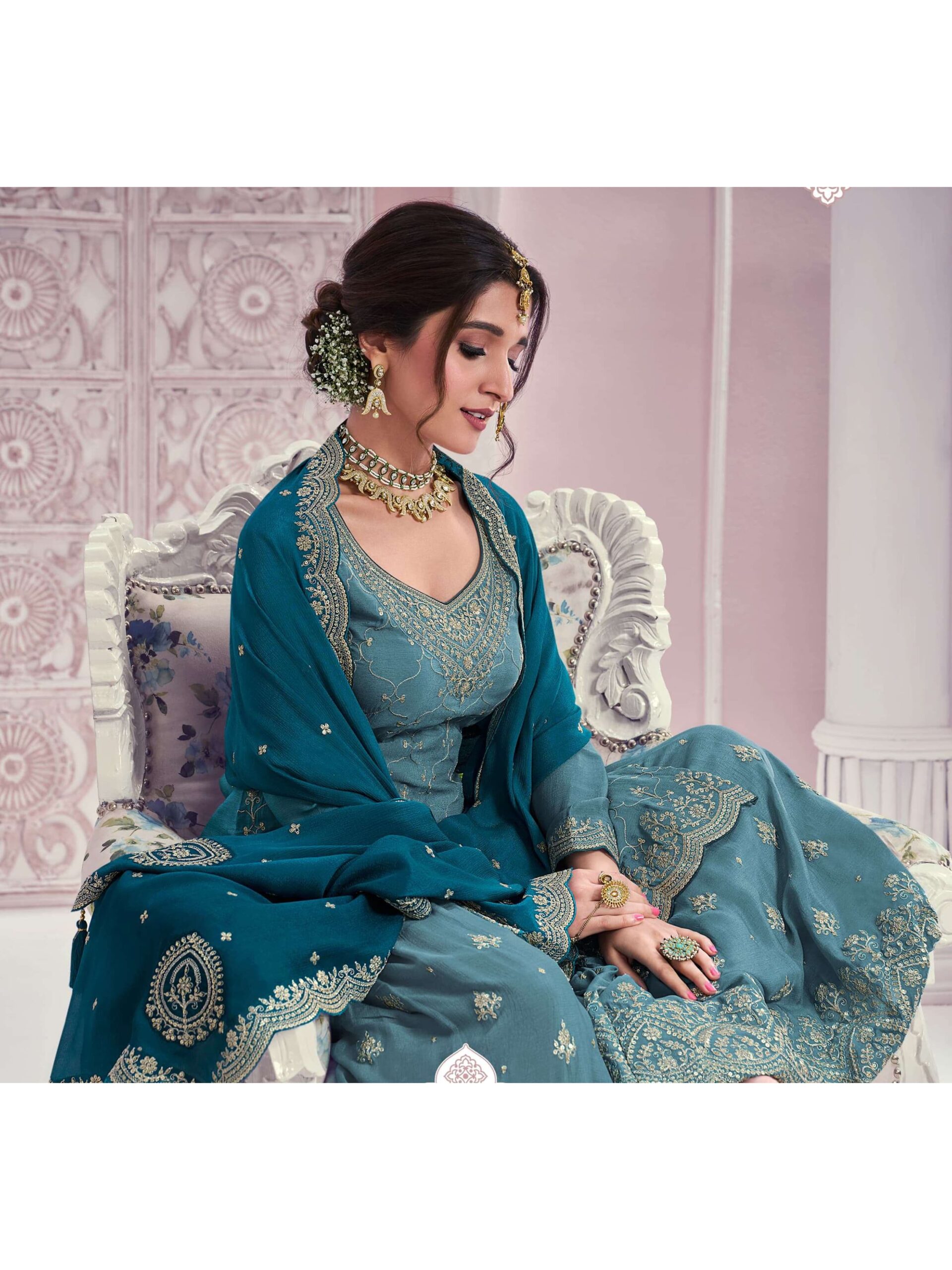 Heavy Chinon Silk Wedding Full Stitched Sharara Suits 69541 - Image 10