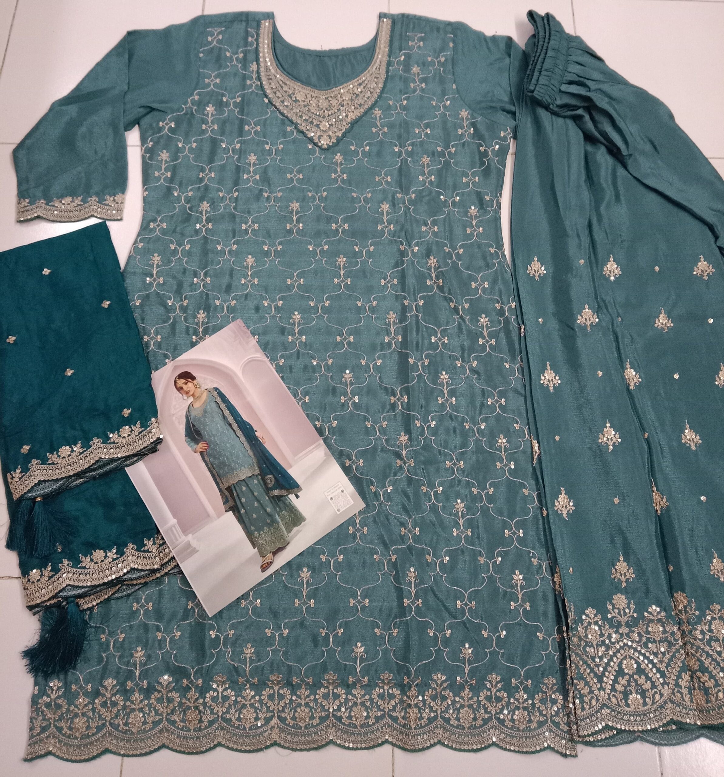 Heavy Chinon Silk Wedding Full Stitched Sharara Suits 69541 - Image 11