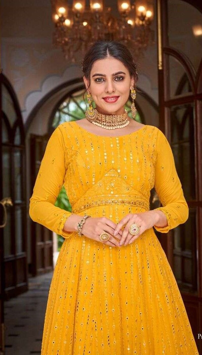 Yellow Heavy Embroidery Front & Back Sequins Work Wedding Gown 1473 - Image 2