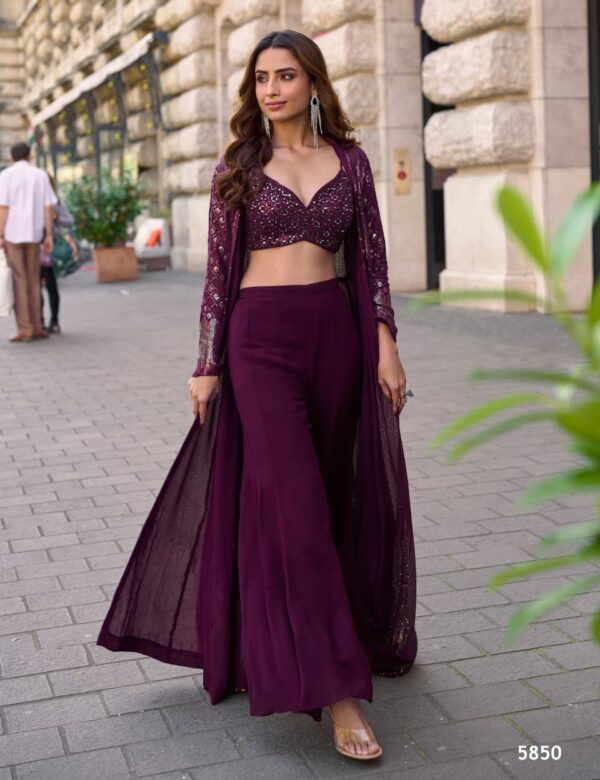 Party Wear Heavy Sequins Georgette Work Crop Top, Palazzo And Shrug 5850