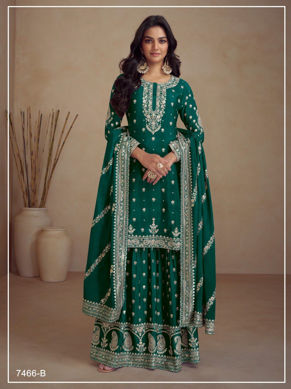 Chinon Silk Heavy Embroidered Full Stitched Suits 7466 - Image 3