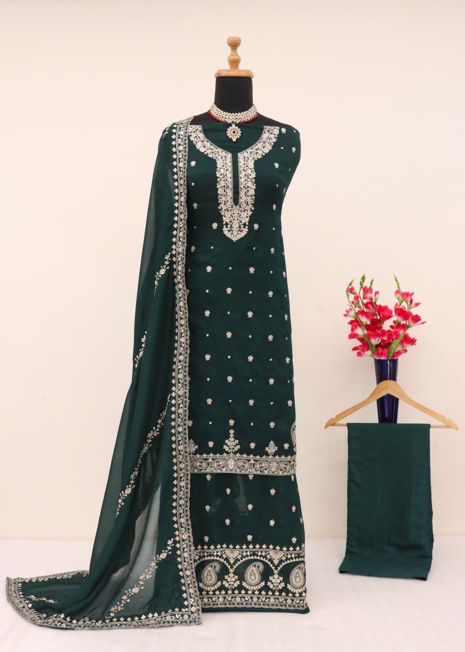 Chinon Silk Heavy Embroidered Full Stitched Suits 7466 - Image 4