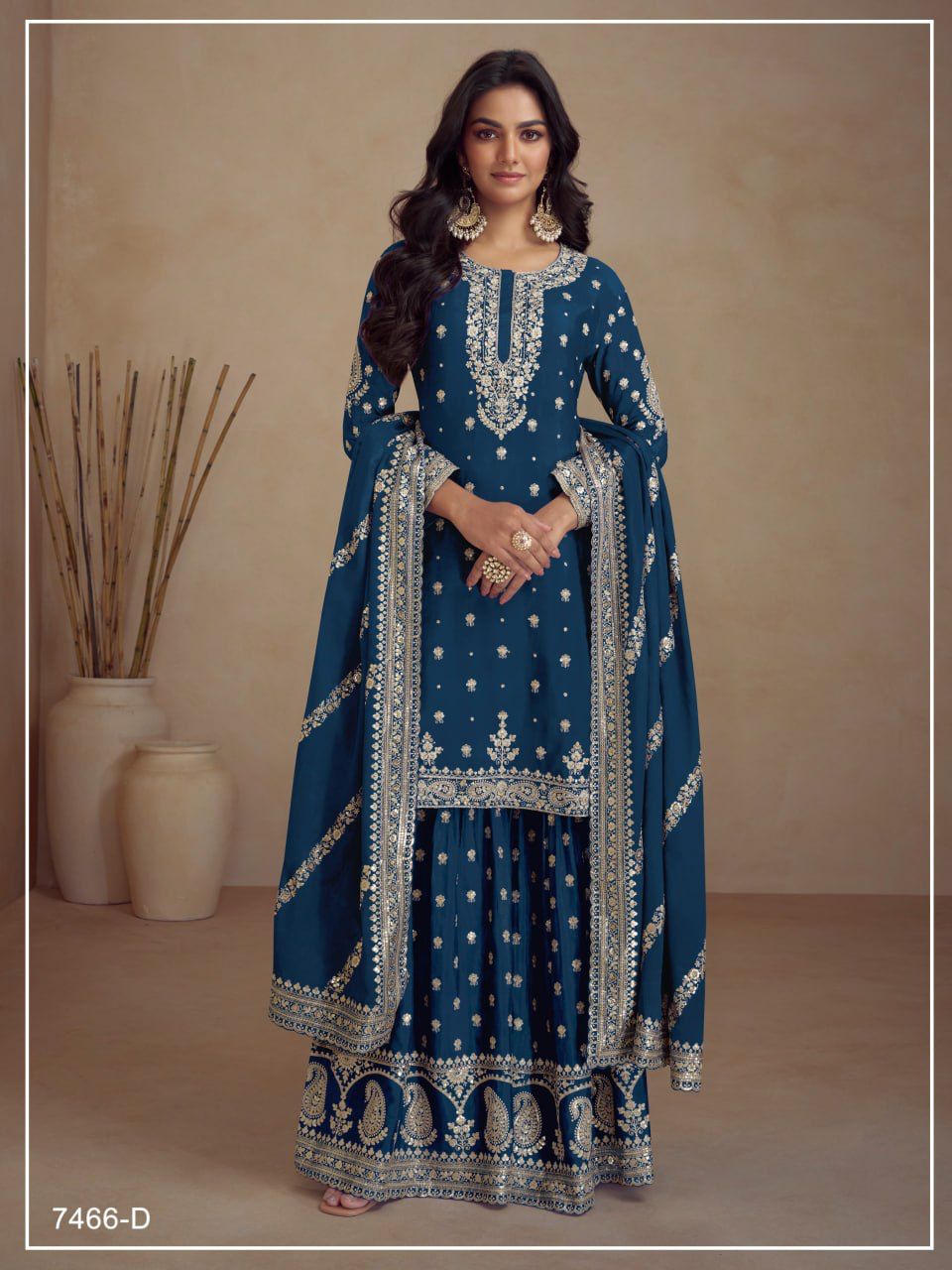 Chinon Silk Heavy Embroidered Full Stitched Suits 7466 - Image 5