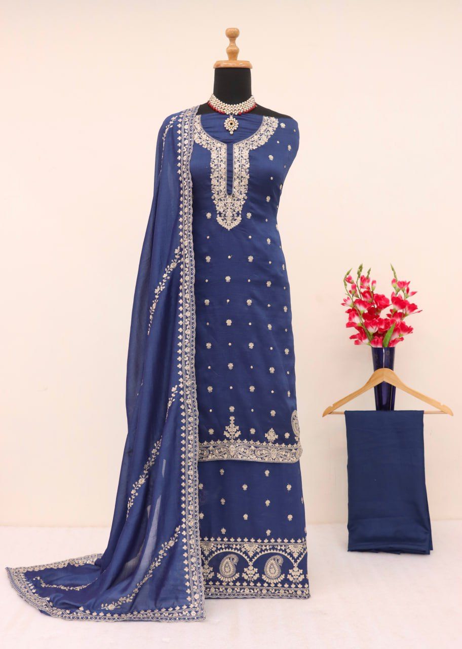 Chinon Silk Heavy Embroidered Full Stitched Suits 7466 - Image 6