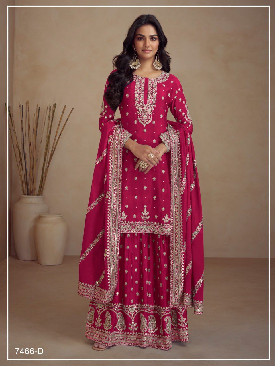 Chinon Silk Heavy Embroidered Full Stitched Suits 7466 - Image 7