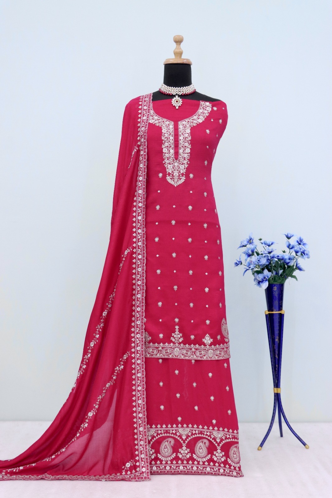 Chinon Silk Heavy Embroidered Full Stitched Suits 7466 - Image 8