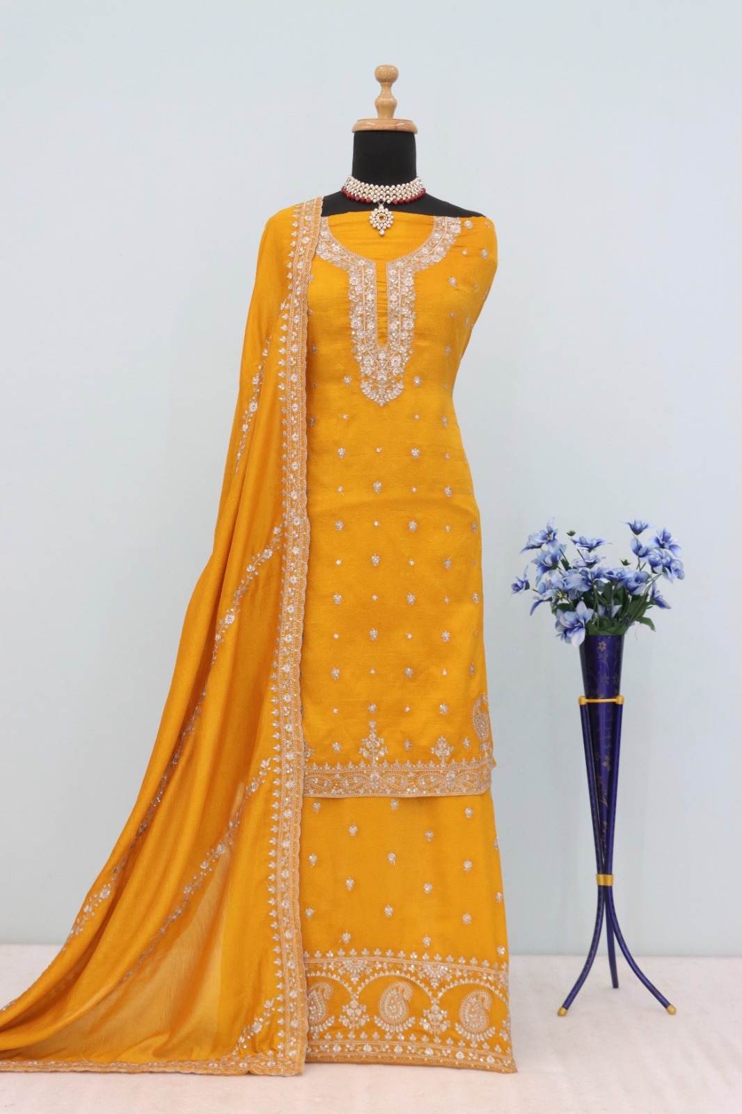 Chinon Silk Heavy Embroidered Full Stitched Suits 7466 - Image 10