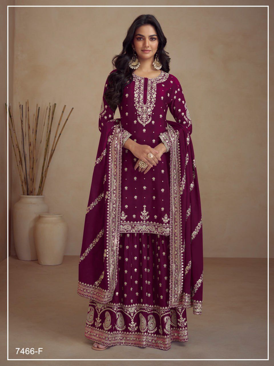 Chinon Silk Heavy Embroidered Full Stitched Suits 7466 - Image 11