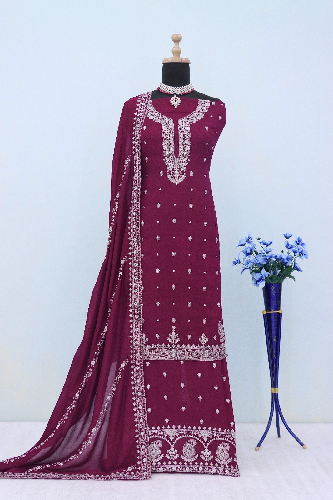 Chinon Silk Heavy Embroidered Full Stitched Suits 7466 - Image 12
