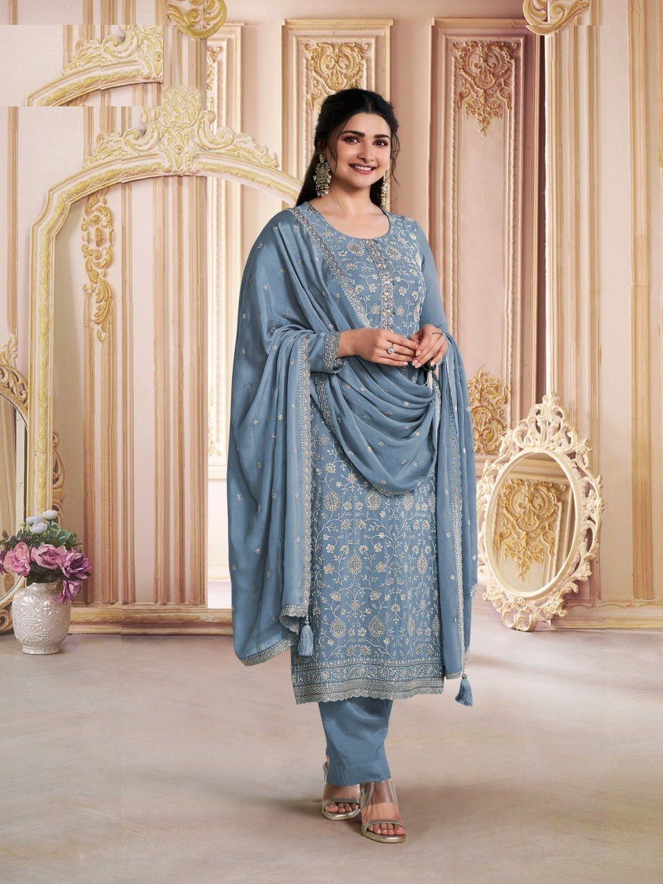 Chinon Silk Heavy Embroidered Semi Stitched Suits 68461 - Image 2
