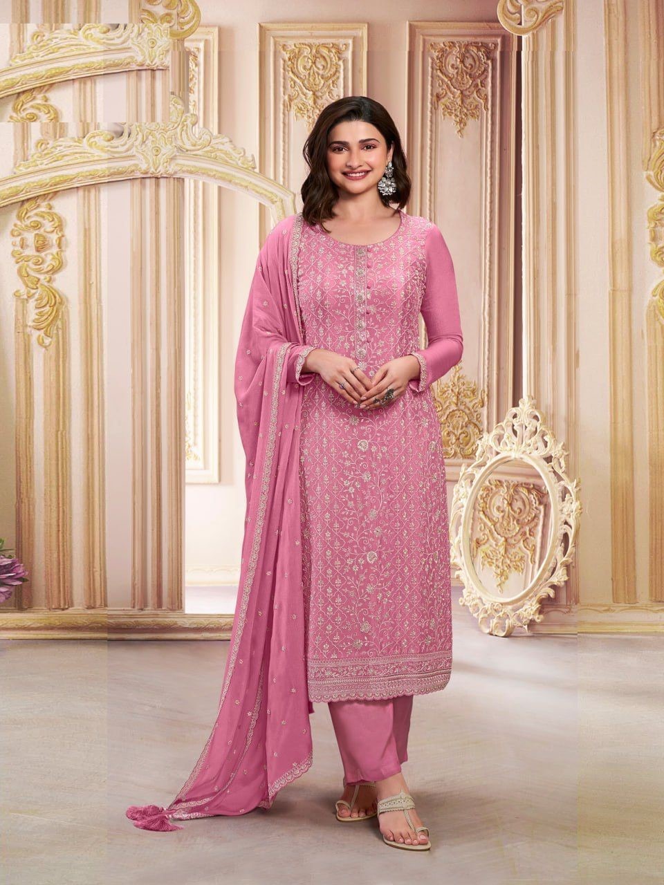 Chinon Silk Heavy Embroidered Semi Stitched Suits 68461 - Image 4