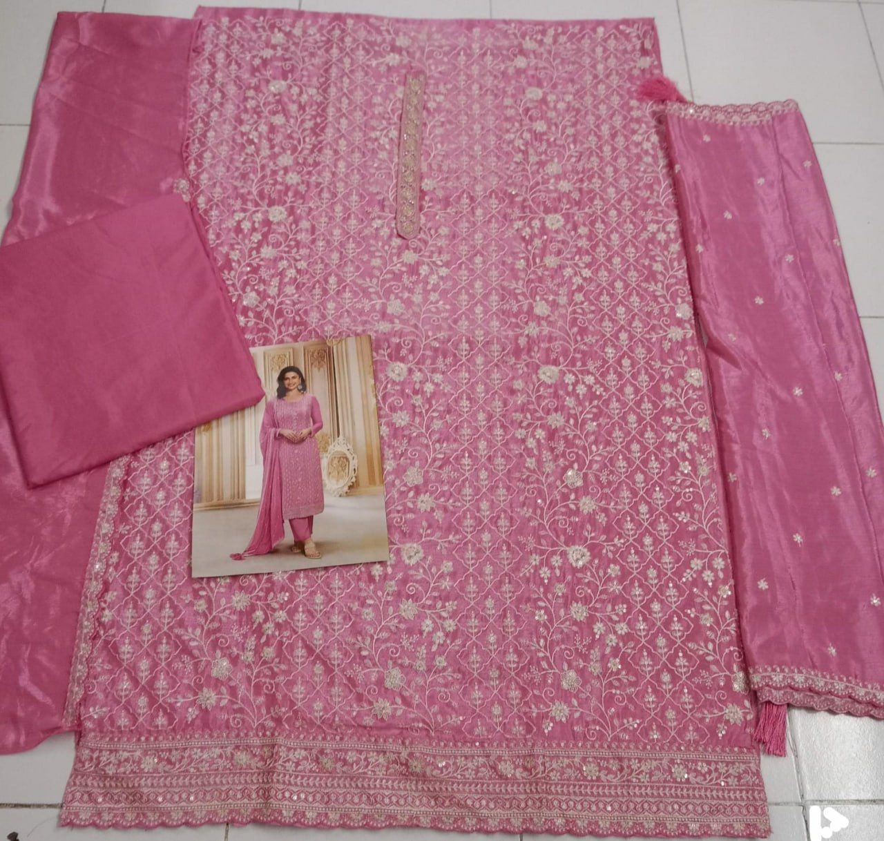 Chinon Silk Heavy Embroidered Semi Stitched Suits 68461 - Image 5