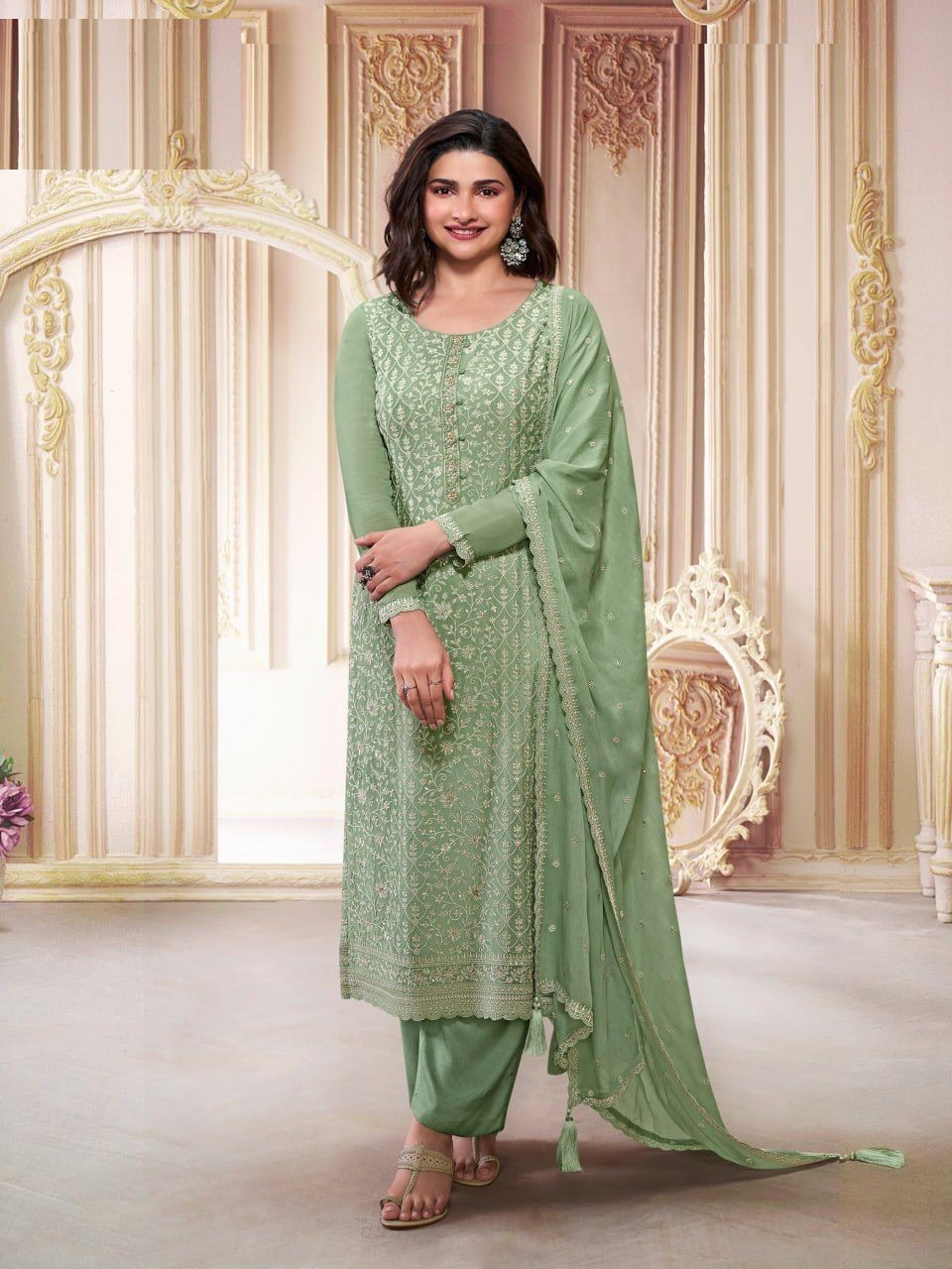 Chinon Silk Heavy Embroidered Semi Stitched Suits 68461 - Image 6
