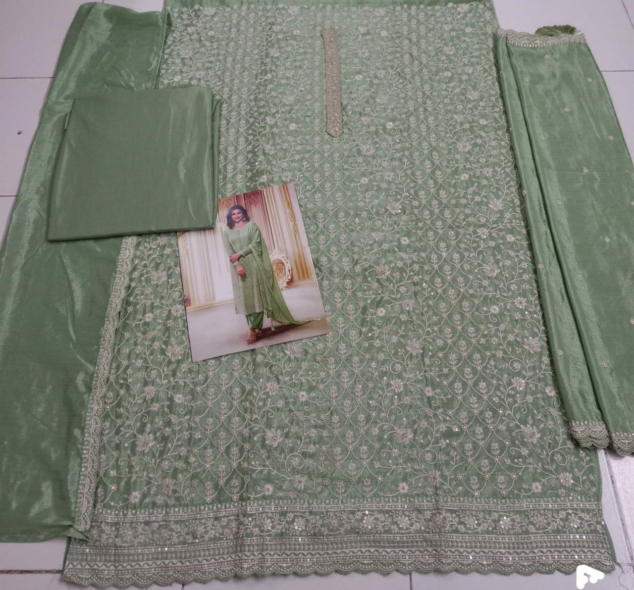 Chinon Silk Heavy Embroidered Semi Stitched Suits 68461 - Image 7