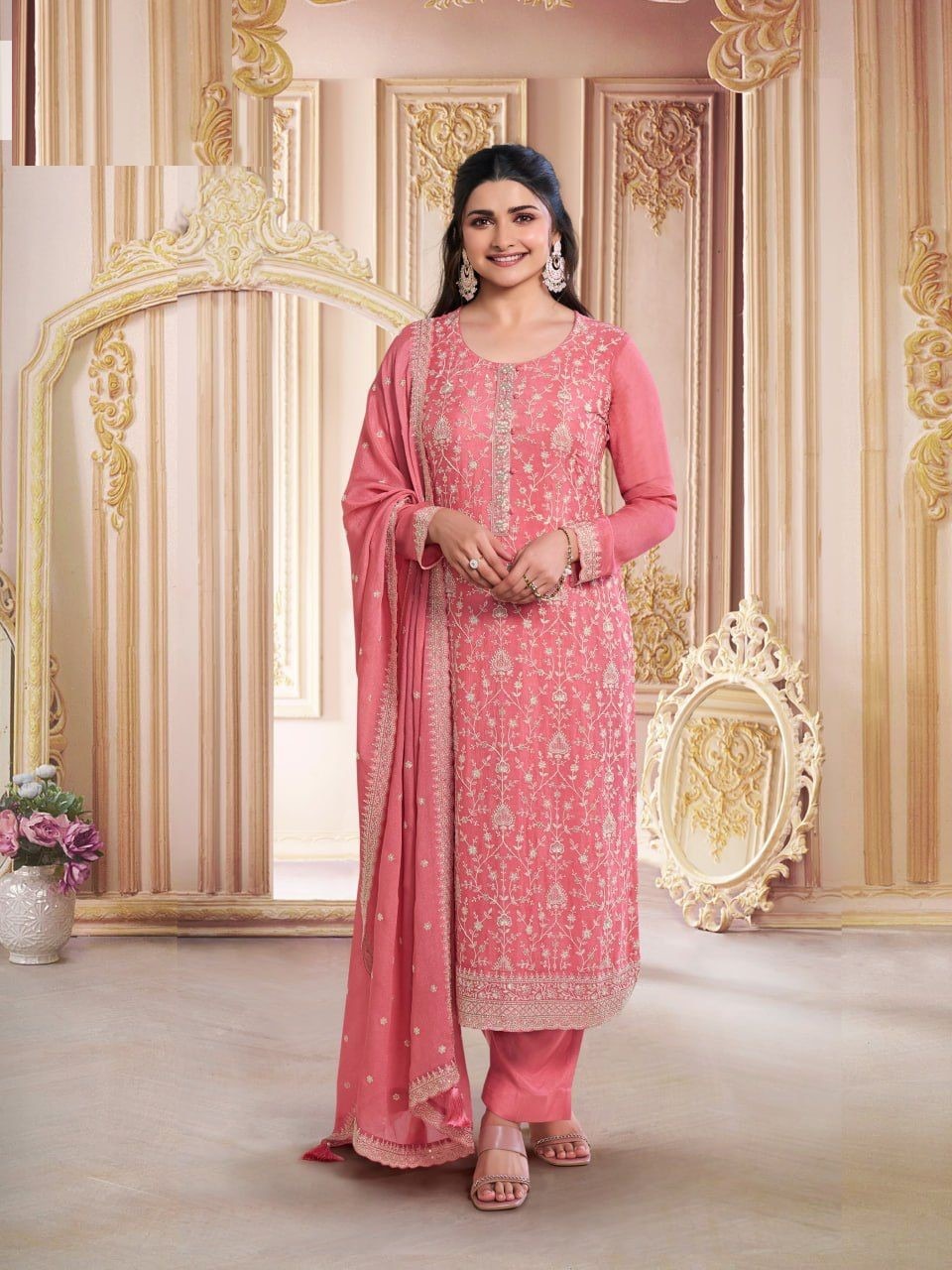 Chinon Silk Heavy Embroidered Semi Stitched Suits 68461