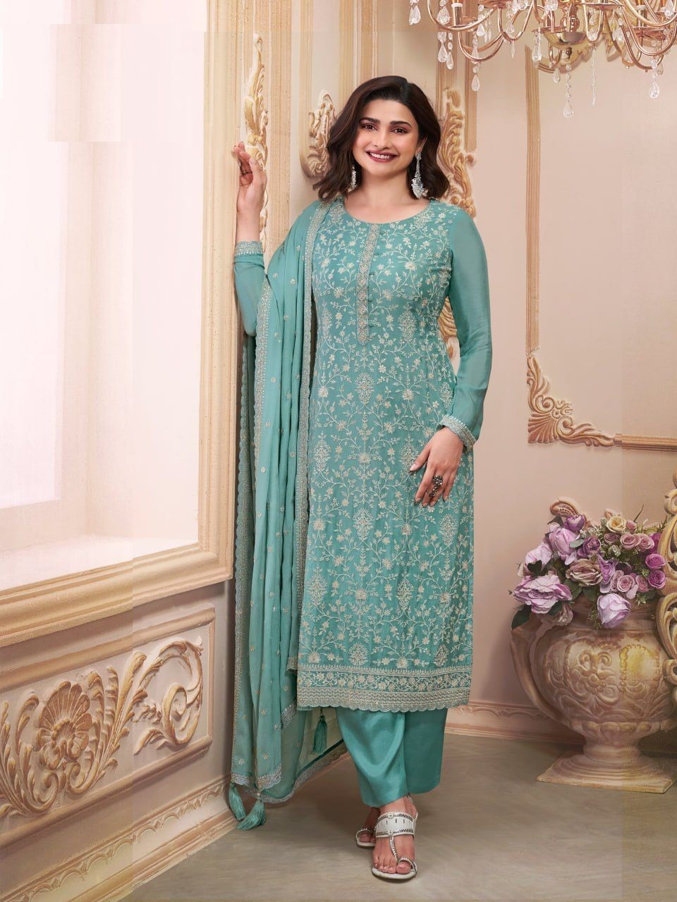 Chinon Silk Heavy Embroidered Semi Stitched Suits 68461 - Image 9