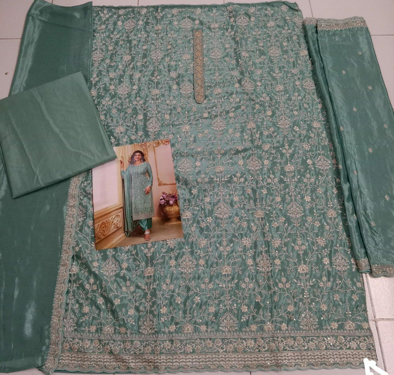 Chinon Silk Heavy Embroidered Semi Stitched Suits 68461 - Image 10