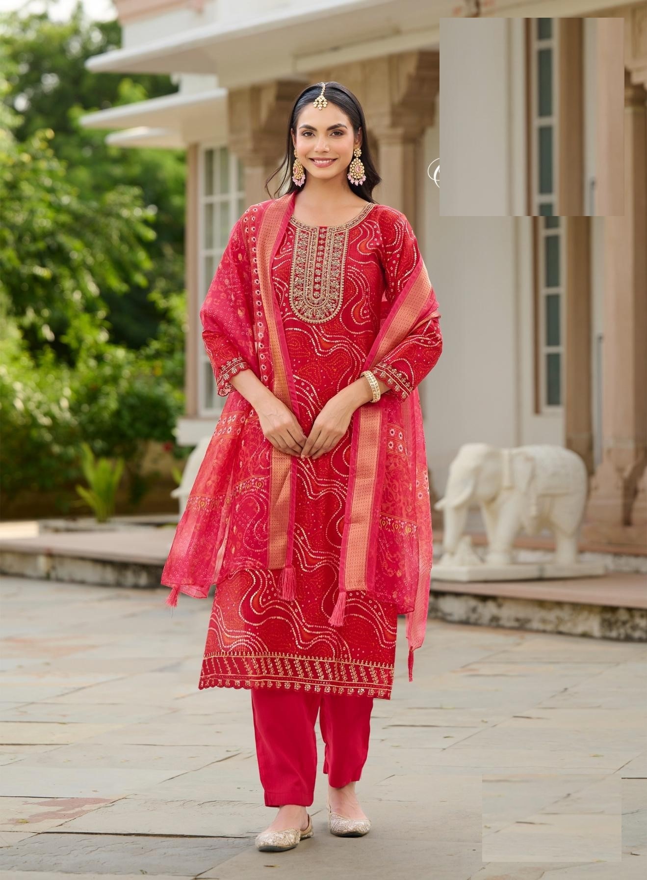 Traditional Look Bandhani & Leriya Print With Embroidery Salwar Suits 2001 - Image 2