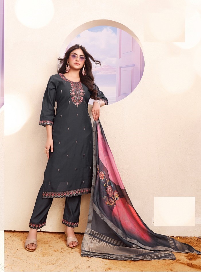 Grey Roman Silk Suit With Digital Print Dupatta 208