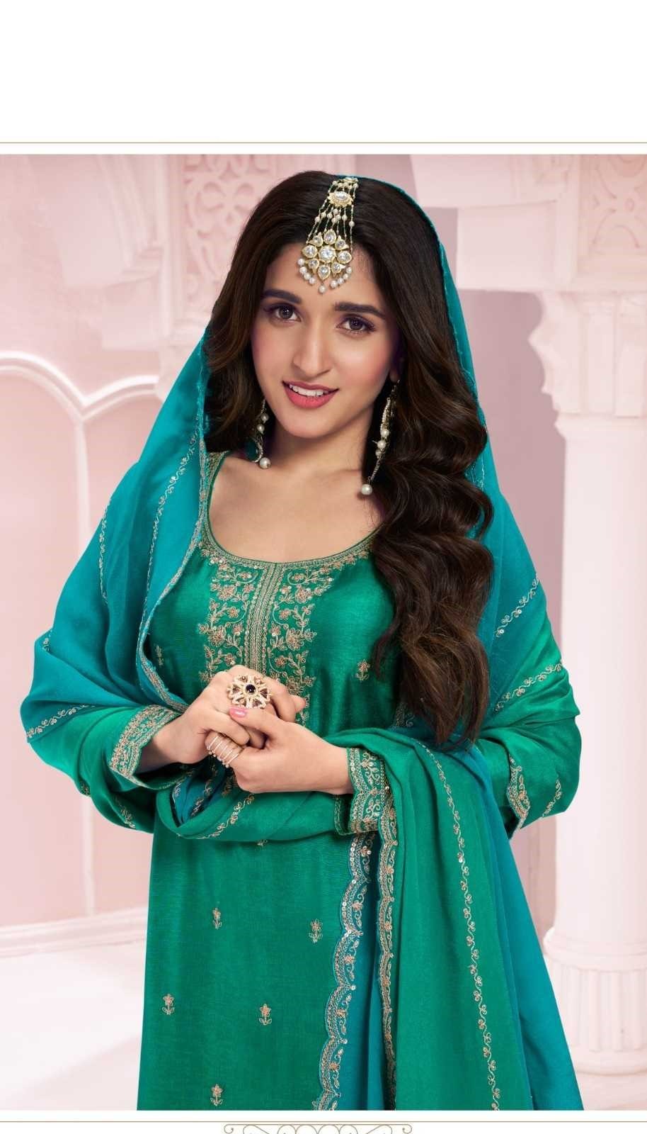 Sea Green Georgette Silk Embroidery Plus Size Full Stitched Suits 69452 - Image 2