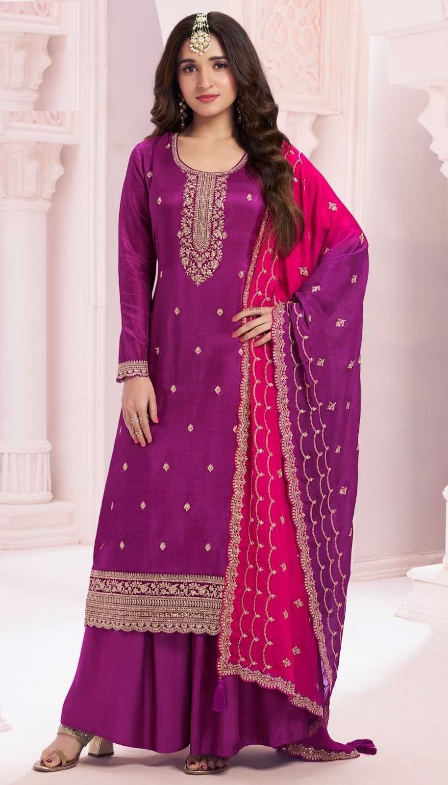Purple Georgette Silk Embroidery Plus Size Full Stitched Suits 69453