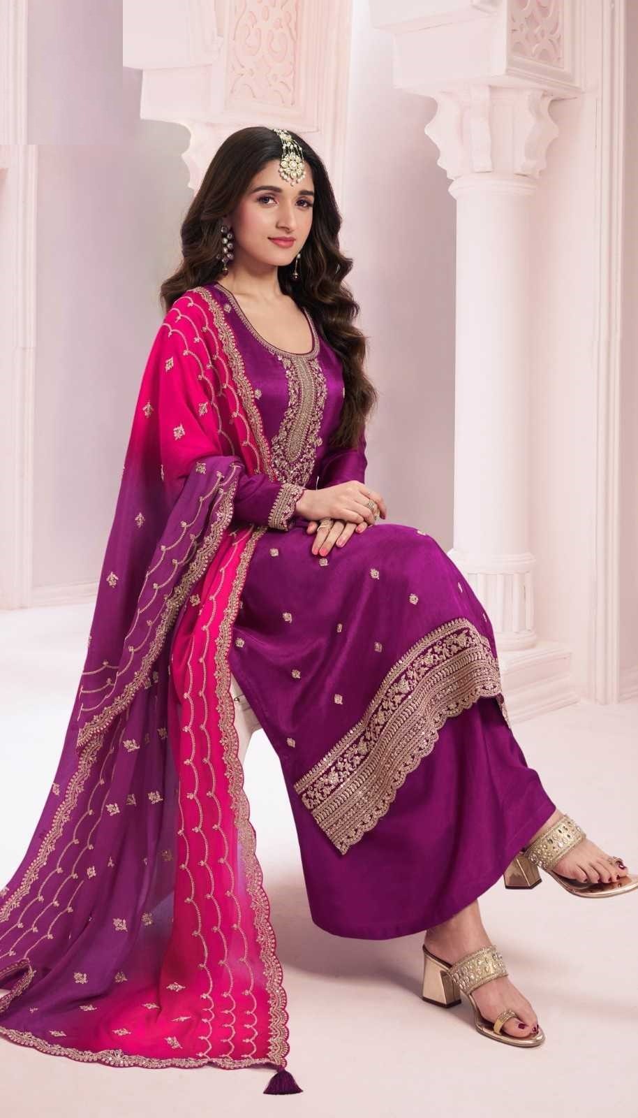 Purple Georgette Silk Embroidery Plus Size Full Stitched Suits 69453 - Image 2