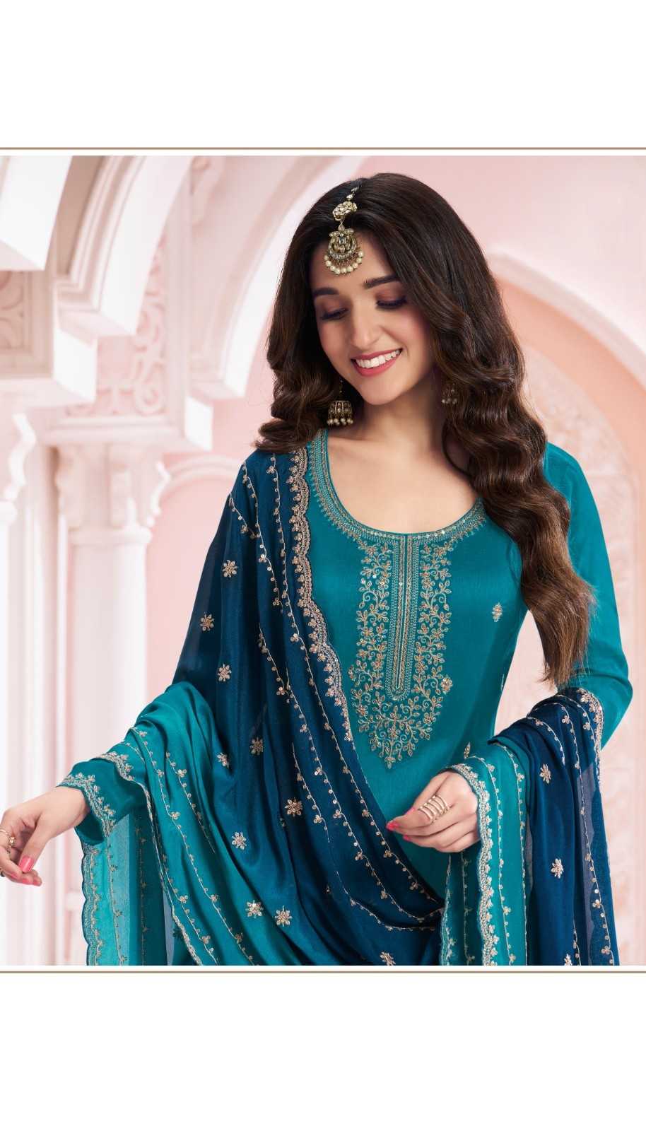 Peacock Blue Georgette Silk Embroidery Plus Size Full Stitched Suits 69454 - Image 2