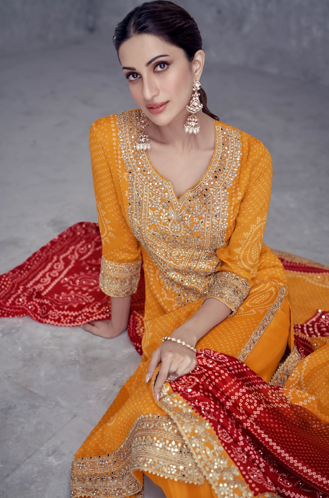 Heavy Chinon Silk Bandhani Print With Real Gota Work Palazzo Suits 7429 - Image 2