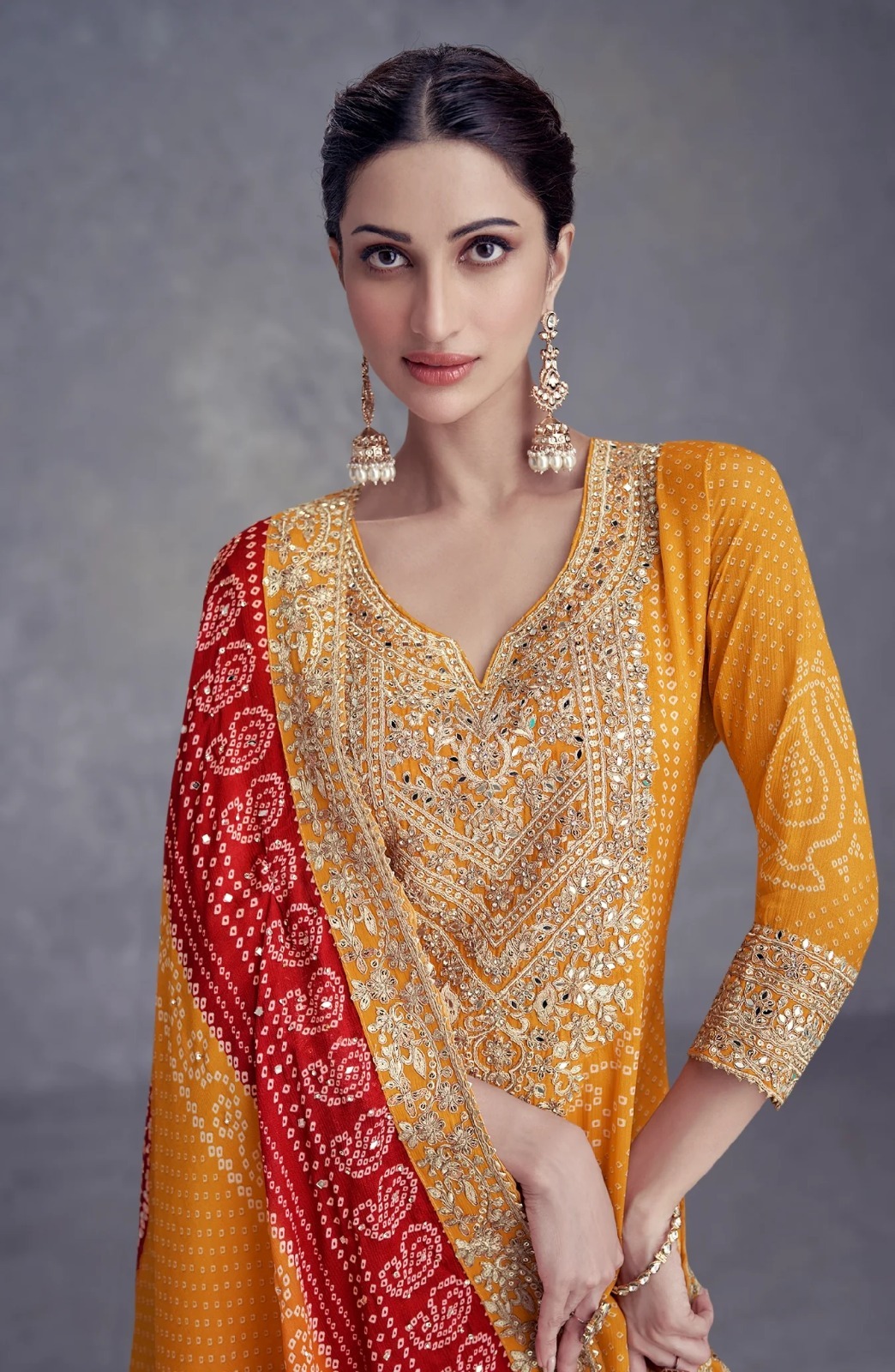Heavy Chinon Silk Bandhani Print With Real Gota Work Palazzo Suits 7429 - Image 3