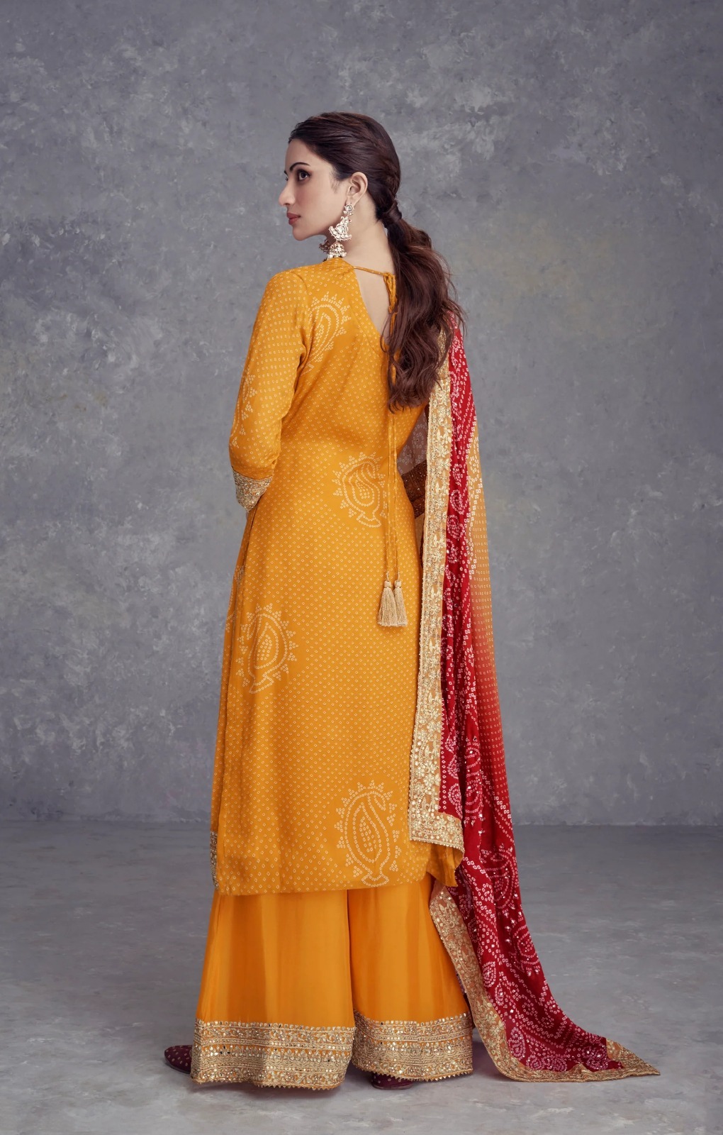 Heavy Chinon Silk Bandhani Print With Real Gota Work Palazzo Suits 7429 - Image 4
