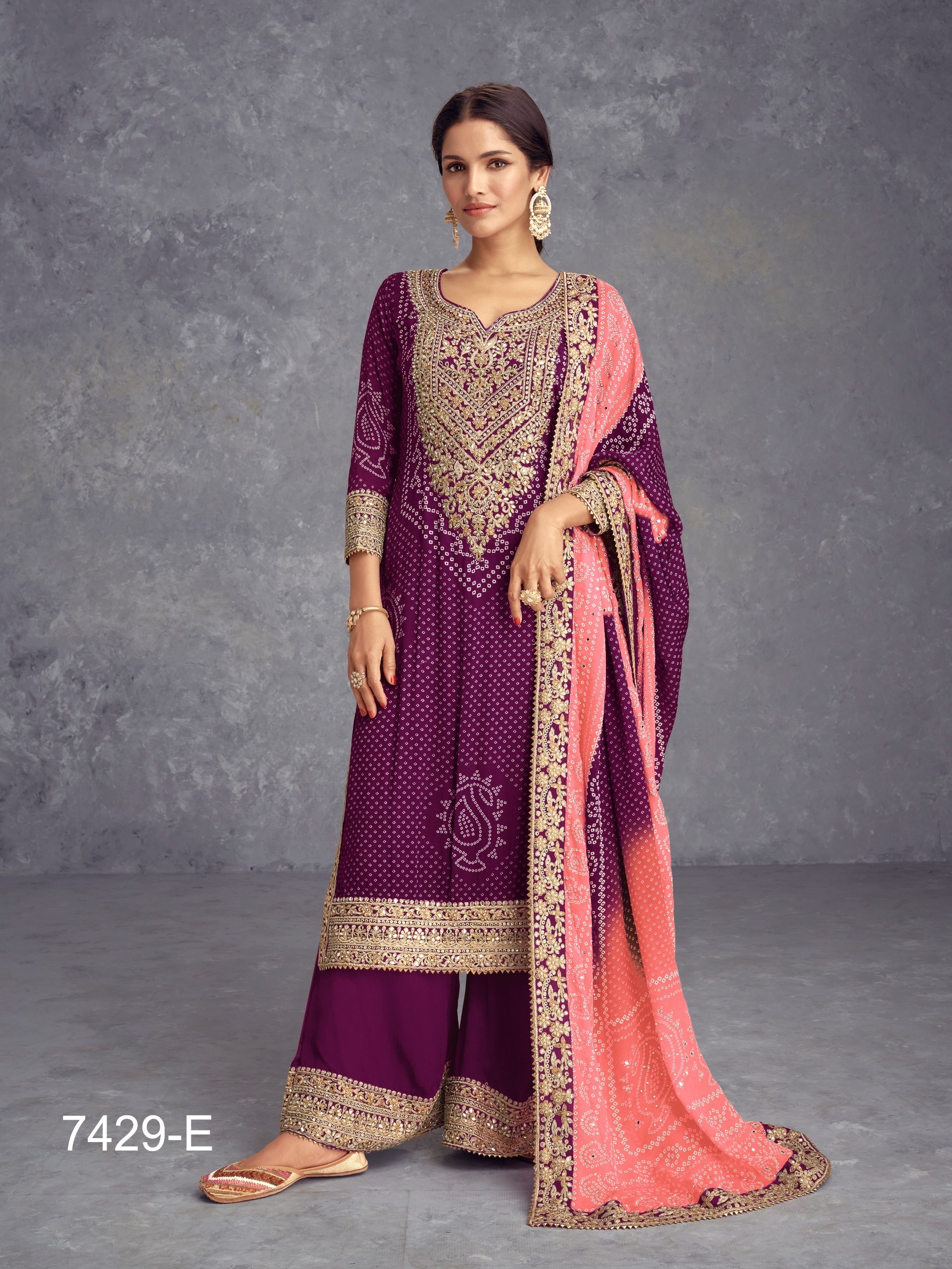 Heavy Chinon Silk Bandhani Print With Real Gota Work Palazzo Suits 7429 - Image 5