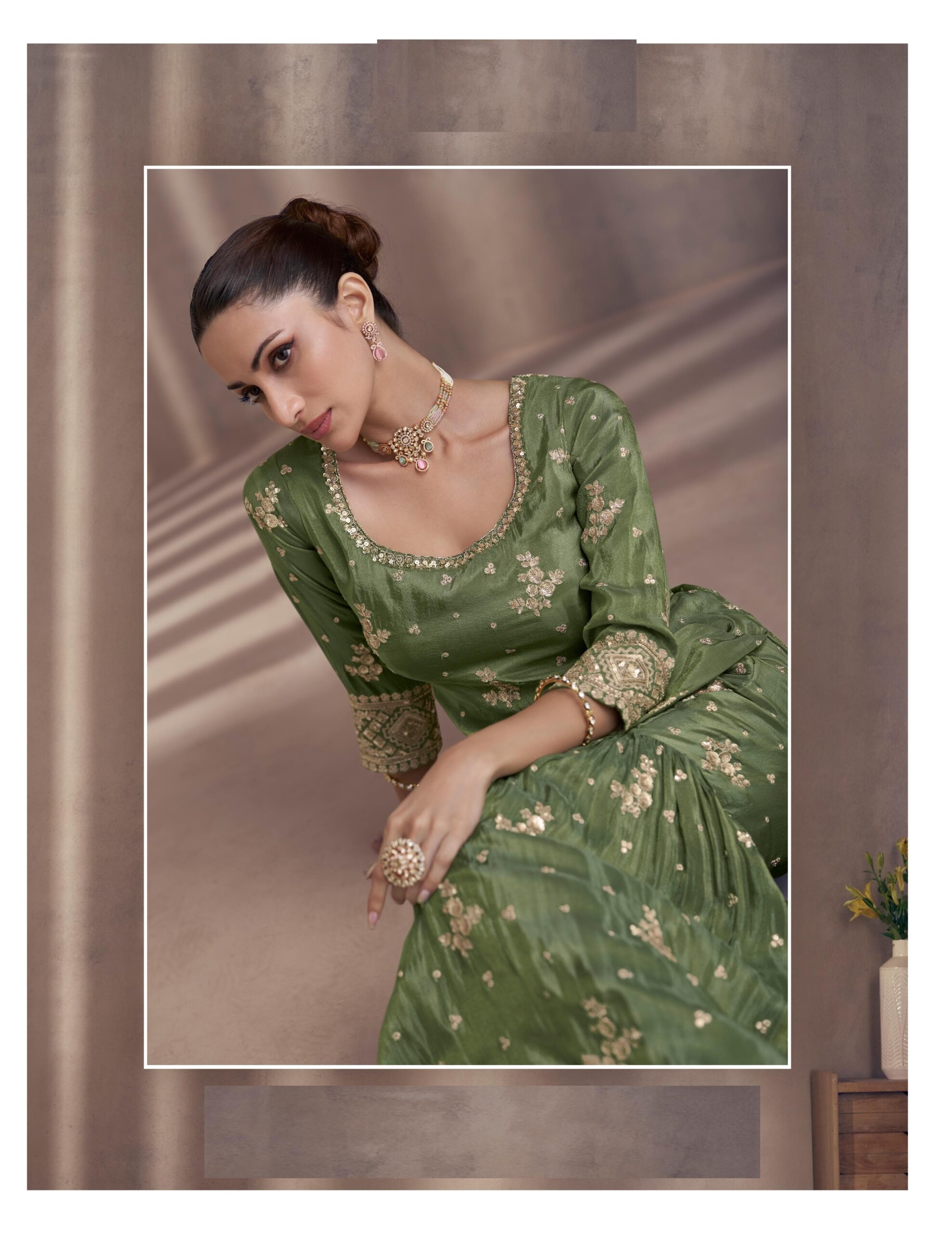 Chinon Silk Green Heavy Embroidery Sharara Suits 5439 - Image 2