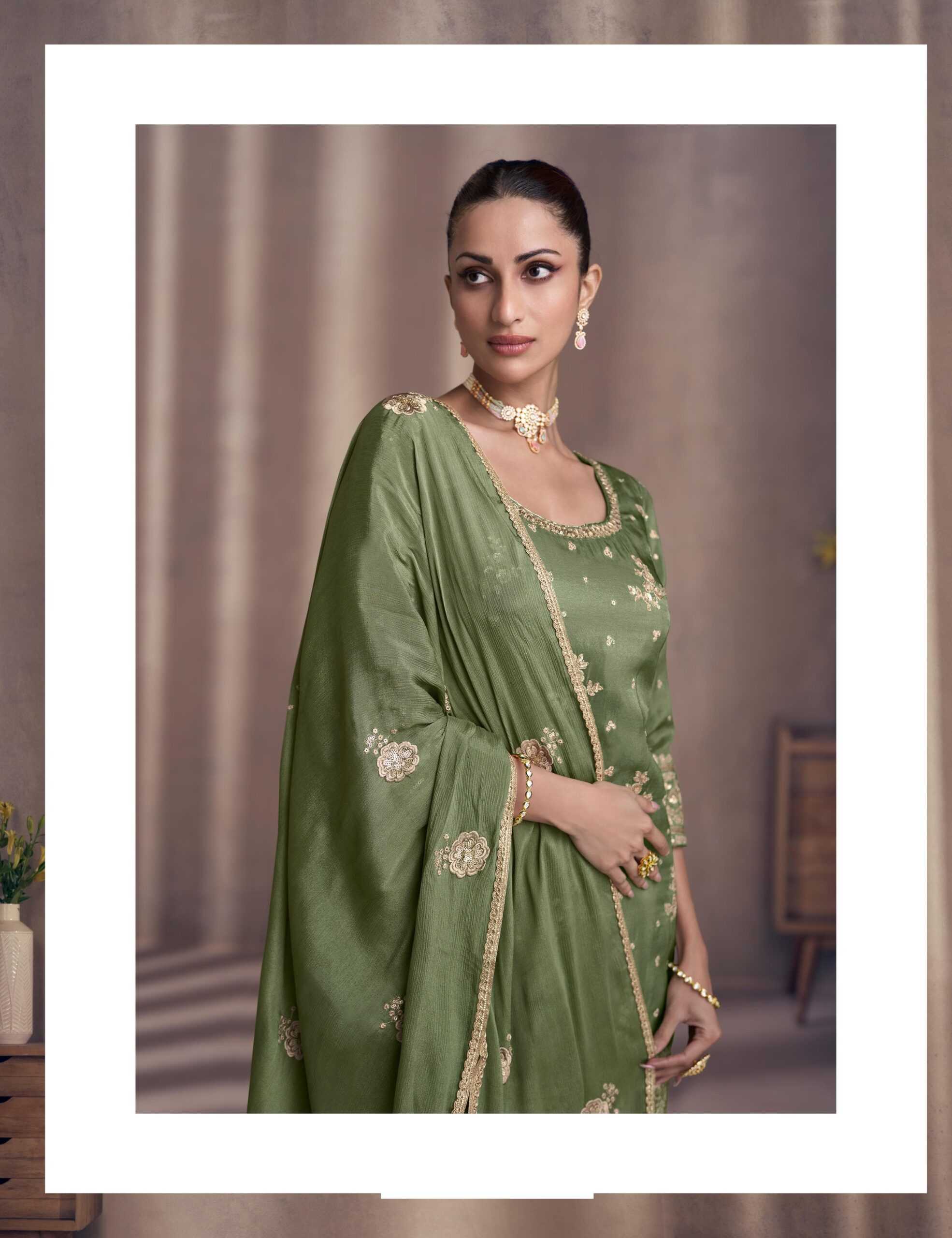 Chinon Silk Green Heavy Embroidery Sharara Suits 5439 - Image 3