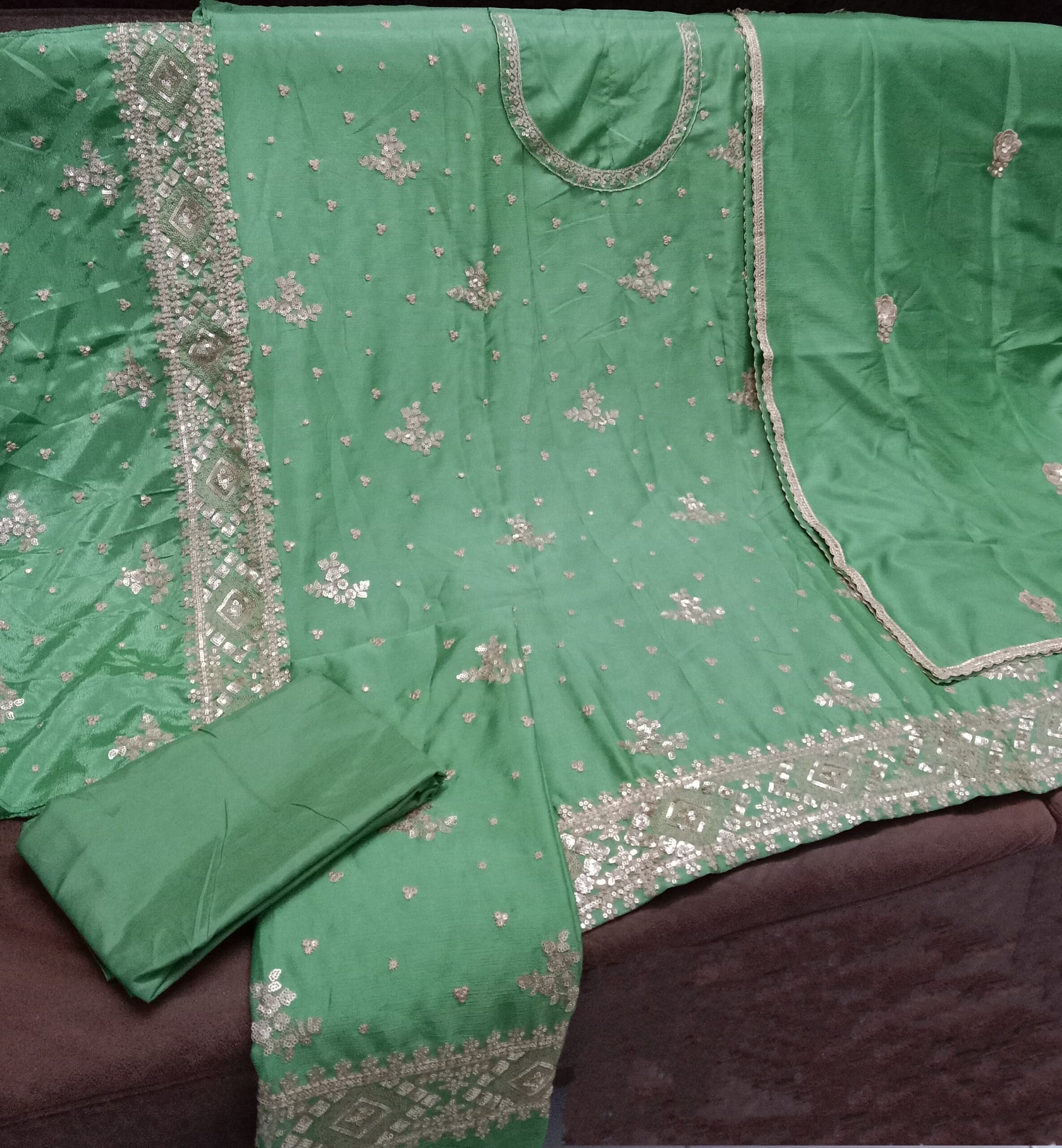 Chinon Silk Green Heavy Embroidery Sharara Suits 5439 - Image 4