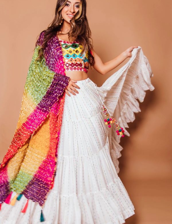 Pure White Heavy Georgette Lehenga With Multicolor Dupatta V3-332