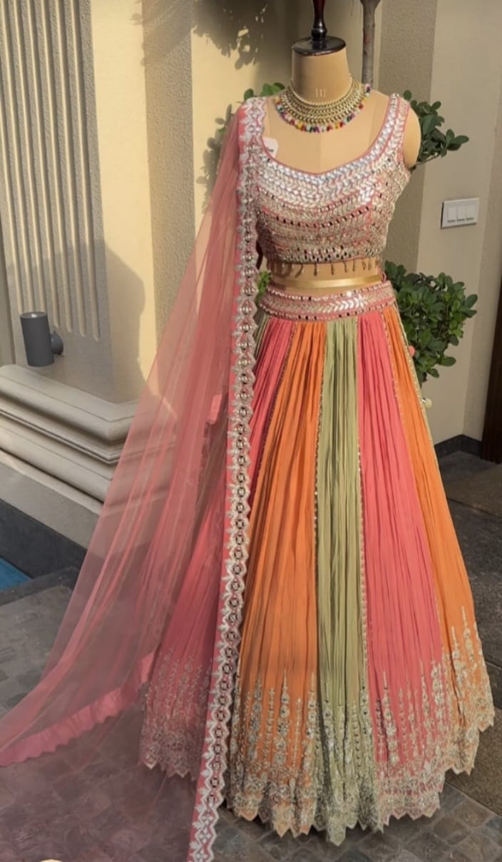 Multicolor Mirror Work Heavy Silk Semi Stitched Wedding Lehenga V3-334