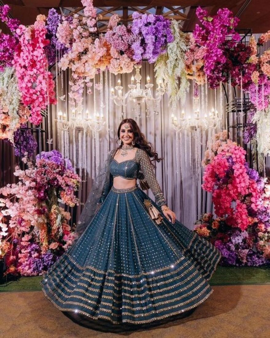 Beautiful Turquoise Heavy Sequins Work Wedding Lehenga 338 - Image 2