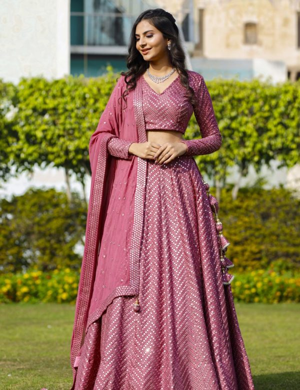 Rose Pink Heavy Georgette Mirrow Work Wedding Lehenga V3-352