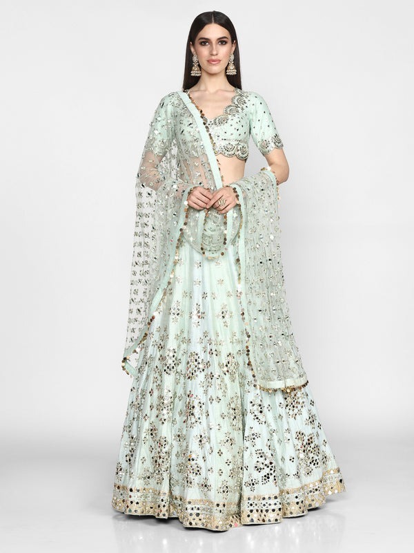 Pastel Green Heavy Banglori Silk Mirror Work Wedding Lehenga V3-356 - Image 2