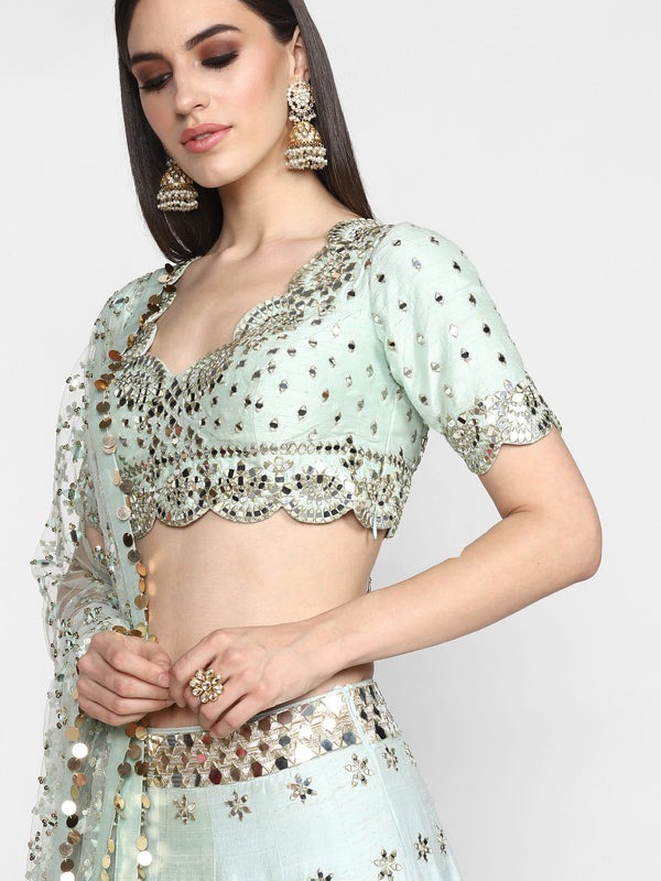 Pastel Green Heavy Banglori Silk Mirror Work Wedding Lehenga V3-356 - Image 3