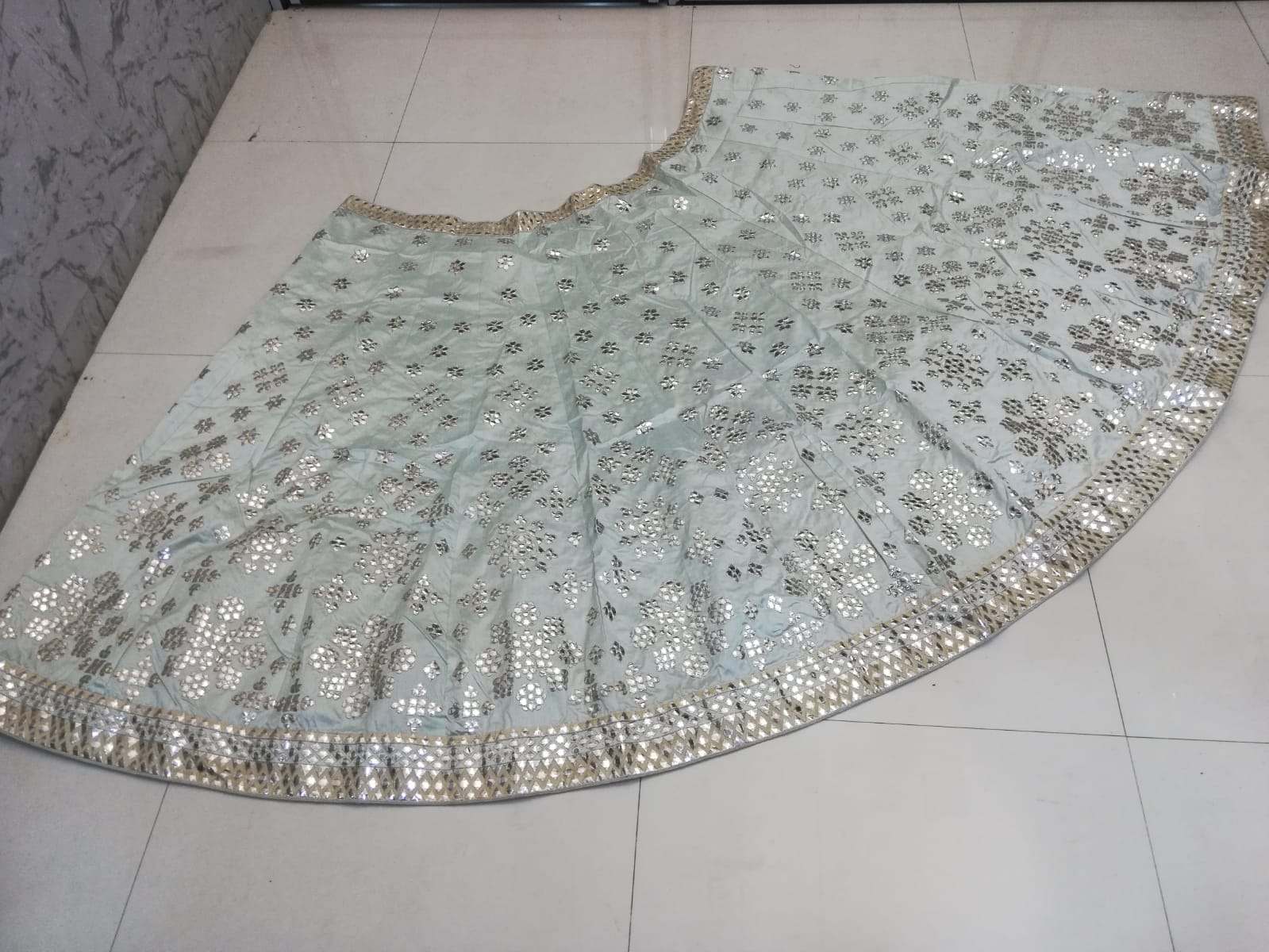 Pastel Green Heavy Banglori Silk Mirror Work Wedding Lehenga V3-356 - Image 4